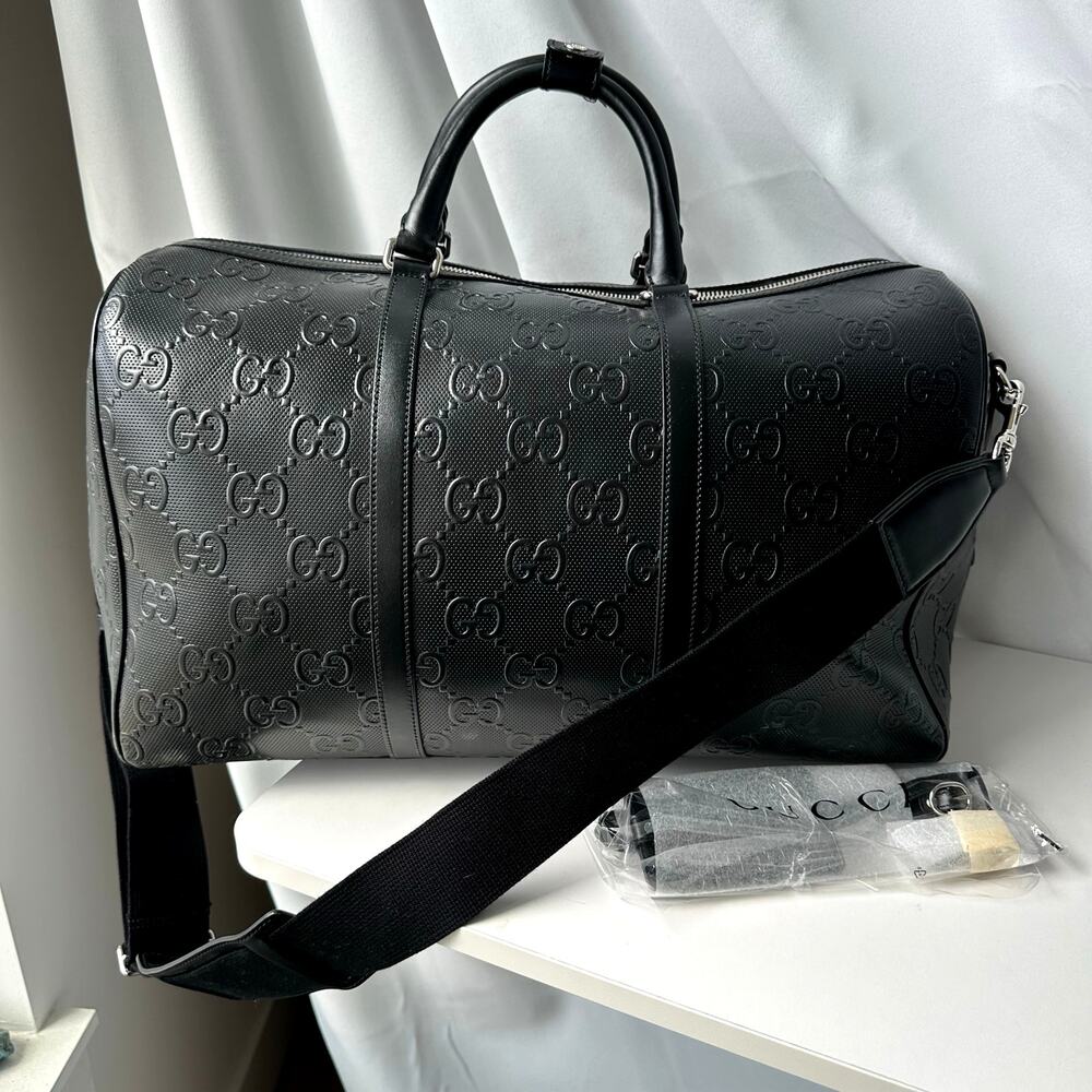Gucci GG Embossed Black Leather Monogram Logo Duffel Bag - Top Handle/ Crossbody